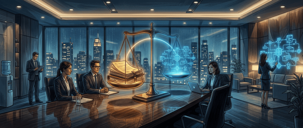 Scales balance legal documents against an AI workflow diagram